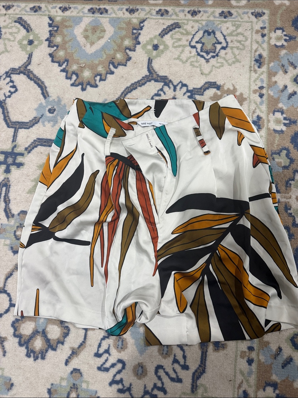 Nine West White Shorts with Mustard, Teal & Black Tropical Leaf Print